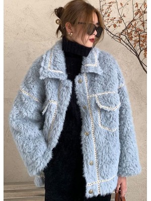 French Blue Button Faux Fur Winter Casual Coat