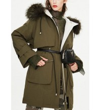 Modern Army Green Raccoon hair collar Pockets tie waist Winter Duck Down Puffer Coat