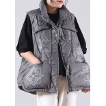 Grey zippered Pockets Print Winter Duck Down Sleeveless down vest