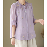 Plus Size Purple Embroideried Loose Fall Three Quarter sleeve Top