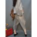 Vogue Grey O-Neck wrinkled Linen Top And Harm Pants Two Pieces Set Batwing Sleeve