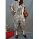 Vogue Grey O-Neck wrinkled Linen Top And Harm Pants Two Pieces Set Batwing Sleeve