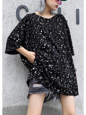 Bohemian black dotted cotton tunic top v neck side open Plus Size Clothing summer tops