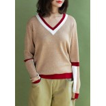 Chunky khaki knit blouse casual v neck sweaters side open