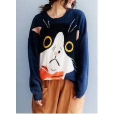 Women navy sweater tops winter Loose fitting animal print knitwear