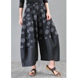 Stylish Black Print asymmetrical design Cotton Linen Wide Leg Pants Summer