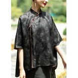 Vintage Black Stand Collar low high design Jacquard Silk Tops Batwing Sleeve