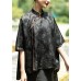 Vintage Black Stand Collar low high design Jacquard Silk Tops Batwing Sleeve