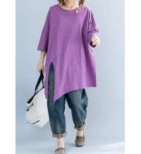 Art purple o neck cotton box top asymmetric hem Plus Size Clothing summer top