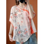 Stylish Orange Red Button asymmetrical design Print Fall Shirt Half Sleeve