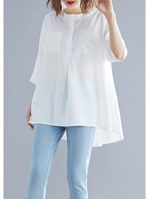 Art White Cotton Top Silhouette Low High Design Midi Summer Half Sleeve Shirt