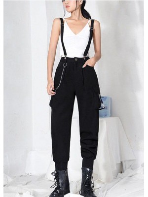 Art Black High Waist Pockets Carpenter Pants