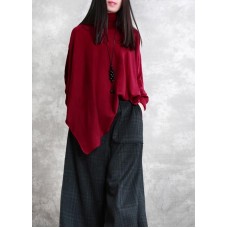 Loose red tops asymmetric hem oversized high neck blouse