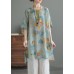 Blue O-Neck Print Low High Design Linen Shirts Half Sleeve