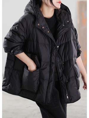 Boho Black Zip Up drawstring Duck Down Winter Coats