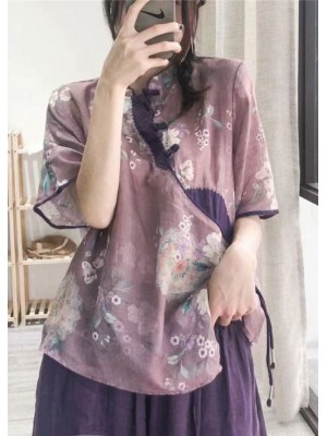 Women Purple Button Print Shirt Tops Half Sleeve