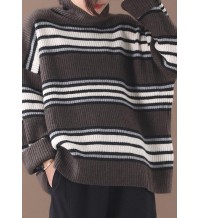 Pullover khaki striped knitted clothes plus size winter knitted blouse high neck