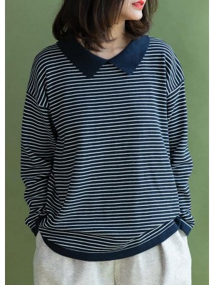 Aesthetic navy striped knitted t shirt lapel collar Loose fitting knitted blouse