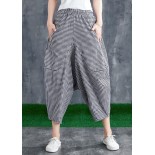 Stitching Cotton Linen Drop Crotch Pants Summer Linen Plaid Loose Large Size