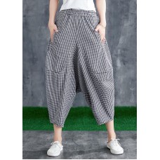 Stitching Cotton Linen Drop Crotch Pants Summer Linen Plaid Loose Large Size