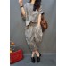 Vogue Grey O-Neck wrinkled Linen Top And Harm Pants Two Pieces Set Batwing Sleeve