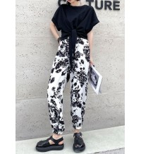 Handmade White High Waist Summer Cotton Print Pants