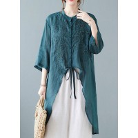 Italian Green Asymmetrical tie waist Linen Shirts Half Sleeve