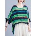 French Green O-Neck Print Ruffled Fall Striped Shirt Tops Half Sleeve