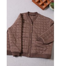 Women Coffee Patchwork Fine Cotton Filled Jacket In Winter V Neck