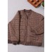 Women Coffee Patchwork Fine Cotton Filled Jacket In Winter V Neck